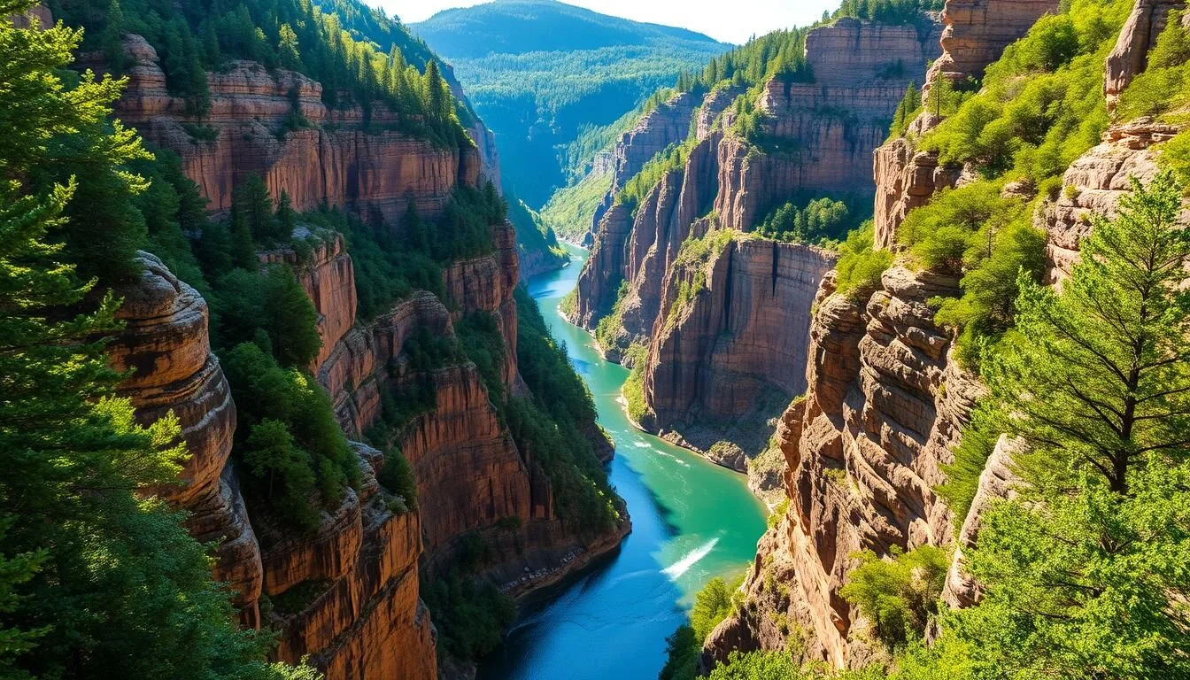 A breathtaking scene of Ausable Chasm, the grand canyon of the Adirondacks, illuminated by warm sunlight. Towering sandstone cliffs plunge into a serene turquoise river, carved by centuries of erosion. Lush, verdant foliage frames the dramatic landscape, creating a natural balance of rugged and serene. The scene is captured with a wide-angle lens, providing a sweeping, panoramic view that immerses the viewer in the grandeur of this geological wonder. Soft, diffused lighting casts gentle shadows, highlighting the texture and depth of the rock formations. The overall mood is one of awe and tranquility, inviting the viewer to step into this remarkable natural sanctuary.
