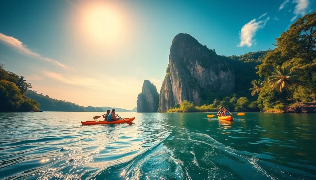 A breathtaking scene of Kayamkulam, Kerala, where adventure awaits. In the foreground, a group of thrill-seekers kayak through the serene backwaters, their paddles cutting through the glistening waters. In the middle ground, a towering rock formation rises, beckoning climbers to scale its rugged face. In the background, lush greenery and a clear blue sky create a tranquil, yet exhilarating atmosphere. The warm sun casts a golden glow, illuminating the scene with a sense of vibrancy and energy. Capture the essence of Kayamkulam's best adventure activities in a cinematic, wide-angle composition.