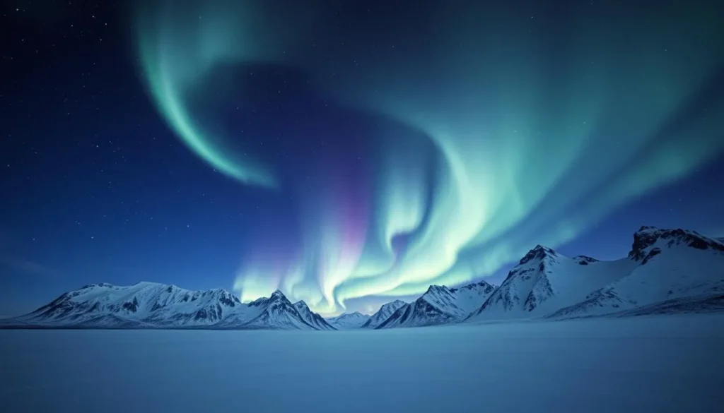 A breathtaking scene of the Polar Night unfolds, with a vast, inky-black sky dotted with a mesmerizing display of shimmering, undulating aurora borealis. In the foreground, a frozen, snow-covered landscape stretches out, its pristine whiteness illuminated by the ethereal celestial dance. Towering mountains loom in the distance, their jagged peaks cutting sharply against the vivid, swirling lights above. The air is crisp and still, creating a sense of tranquility and wonder. Capture the enchanting magic of this northern phenomenon, with a cinematic, wide-angle perspective that immerses the viewer in the captivating beauty of the Polar Night.