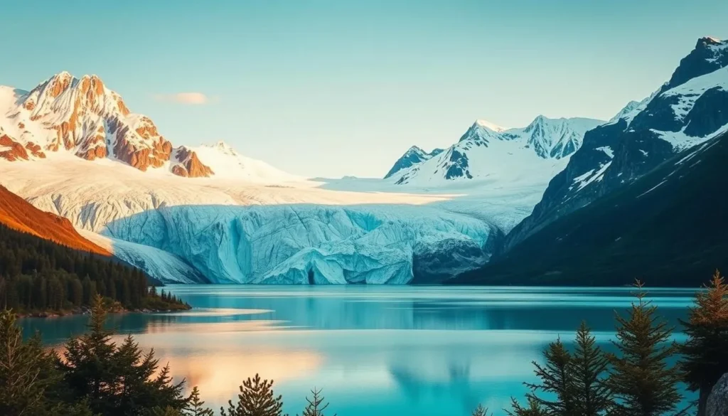 A breathtaking scene of towering glaciers set against a backdrop of rugged, snow-capped peaks in Rapa Valley National Park, Sweden. The ice formations glisten in the soft, warm sunlight, creating a serene and majestic atmosphere. In the foreground, a pristine alpine lake reflects the surrounding landscapes, its turquoise waters framed by lush, verdant vegetation. The middle ground features imposing glacial walls, with intricate patterns and deep crevasses carved into the ancient ice. The background is dominated by a panoramic vista of dramatic, jagged mountains, their slopes dusted with a fresh layer of pristine snow. The overall scene conveys a sense of awe-inspiring natural beauty, perfectly capturing the essence of the top attractions in Rapa Valley National Park.