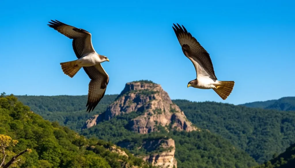 A breathtaking scene of two majestic Peregrine Falcons soaring gracefully through the clear blue sky above the lush green forests of Tallulah Gorge. The birds, with their sharp talons and sleek, powerful wings, are captured in mid-flight, their feathers shimmering in the warm, natural lighting. In the middle ground, the rugged, rocky cliffs of the gorge rise up, creating a dramatic backdrop for this stunning avian display. The overall mood is one of awe and wonder, perfectly capturing the natural beauty and wildlife that make Tallulah Gorge a true Georgia gem.