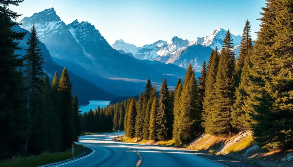 A breathtaking scenic drive through the Canadian Rockies, with towering snow-capped peaks and serene turquoise lakes. The road winds gracefully through lush evergreen forests, casting dramatic shadows across the landscape. Sunlight filters through the branches, creating a warm, golden glow that illuminates the scene. In the distance, a crystal-clear lake reflects the majestic mountains, creating a mirror-like surface that invites exploration. The overall atmosphere is one of tranquility and awe-inspiring natural beauty, perfectly capturing the essence of a scenic drive in the heart of Alberta.