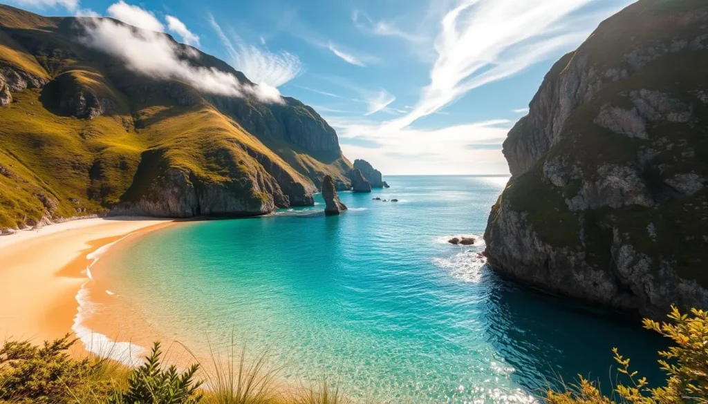 A breathtaking seascape of Kosterhavet's pristine beaches, bathed in the warm glow of the sun. Silky, golden sands stretch out before crystal-clear, turquoise waters, inviting visitors to bask in the serene, natural beauty. Towering, moss-covered cliffs frame the scene, casting dramatic shadows that dance across the undulating landscape. Wispy clouds drift overhead, casting a soft, diffused light that highlights the vibrant colors and textures of the environment. Lush, verdant vegetation lines the shore, adding a touch of lush, untamed wilderness to the idyllic setting. A perfect balance of land and sea, this image captures the essence of Kosterhavet's must-visit beaches and swimming spots.