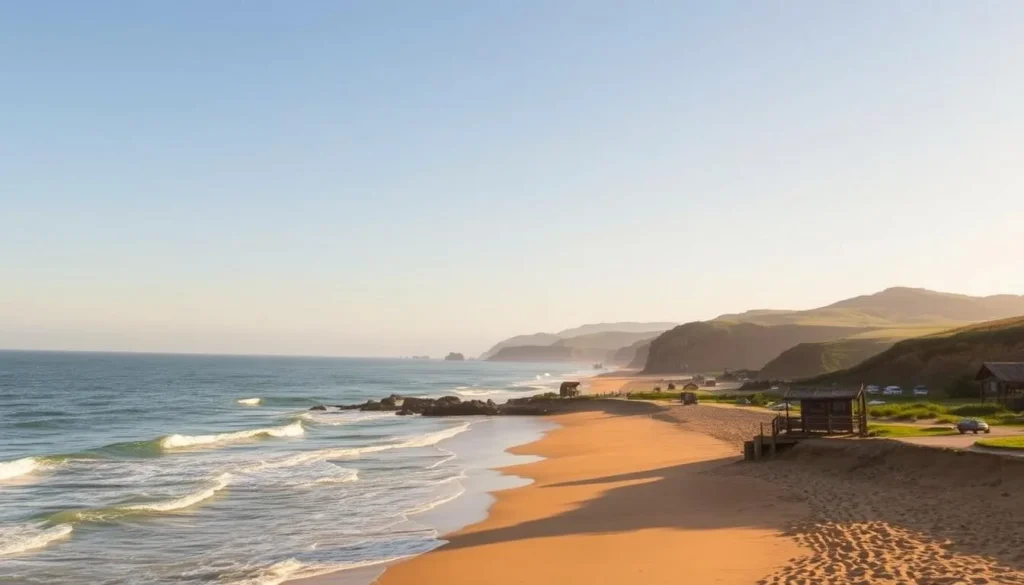 A breathtaking seaside landscape in Punta del Diablo, Uruguay, under a bright, cloudless sky. In the foreground, gently lapping waves caress the golden, sandy beach, while in the middle ground, rustic wooden cabanas dot the shoreline. The background features rugged cliffs and lush, verdant hills rolling towards the horizon. Warm, diffused sunlight bathes the entire scene, creating a serene and inviting atmosphere. Capture the tranquil essence of the best time to visit this picturesque coastal town.