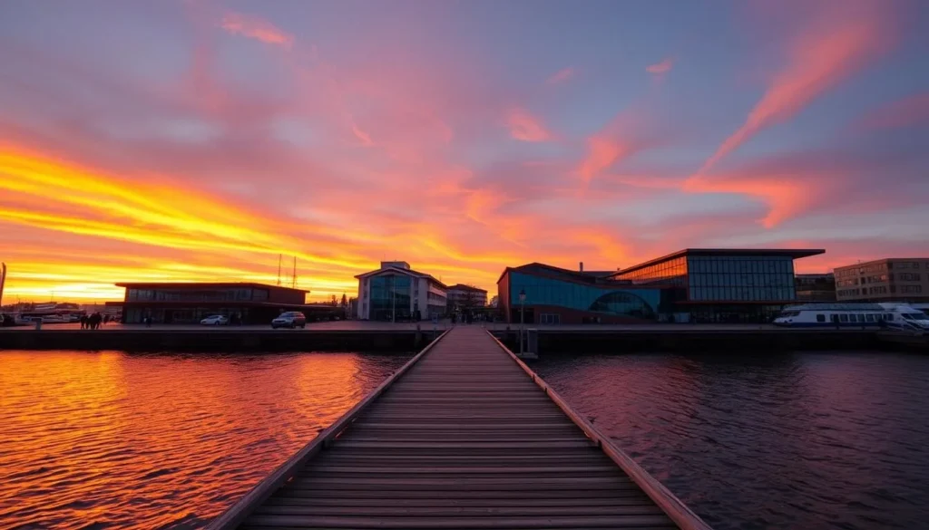 A breathtaking sunset view over the tranquil waters of Västra Hamnen, the Western Harbor in Malmö, Sweden. The sky is ablaze with vibrant hues of orange, pink, and golden tones, reflecting off the calm surface of the harbor. In the foreground, a picturesque wooden pier extends into the water, inviting visitors to take a leisurely stroll and soak in the serene atmosphere. The middle ground features modern, well-designed buildings and architectural structures characteristic of the area, subtly blending with the natural surroundings. The background showcases the distant silhouettes of Malmö's skyline, creating a harmonious balance between the urban and the natural. Captured with a wide-angle lens, this scene evokes a sense of tranquility and wonder, perfectly encapsulating the essence of Västra Hamnen as a must-visit destination in Malmö.