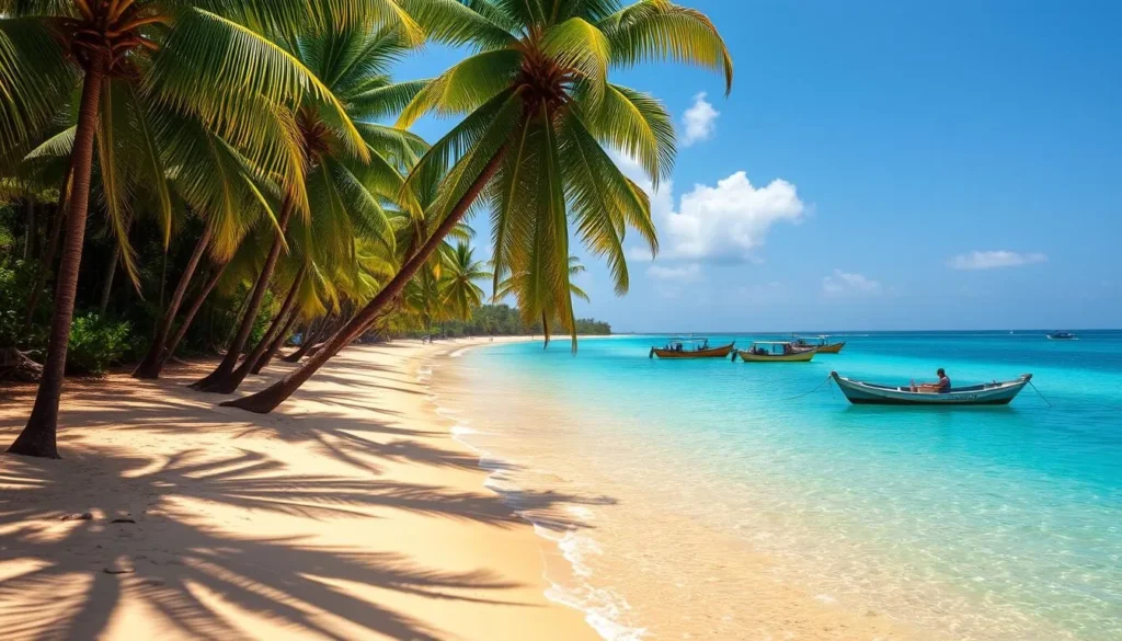 A breathtaking tropical beach on the Ilha de Boipeba, Brazil. Warm, golden sand stretches as far as the eye can see, dotted with swaying palm trees casting gentle shadows. Brilliant turquoise waters gently lap at the shore, inviting visitors to take a refreshing dip. In the distance, a cluster of colorful fishing boats rests peacefully, reflecting the warm sunlight. The scene is bathed in a soft, natural lighting that enhances the serene, idyllic atmosphere. Capture the beauty and tranquility of this stunning Brazilian paradise.