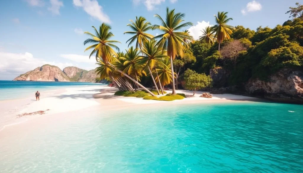 A breathtaking tropical paradise, Ilha Anchieta's pristine white-sand beach stretches along a lush, verdant shoreline. The warm, azure waters of the Atlantic gently lap at the shore, inviting visitors to swim, snorkel, or simply relax under the sun's golden rays. Towering palm trees sway gently in the balmy breeze, casting dappled shadows across the idyllic scene. In the distance, rugged cliffs rise up, their weathered rock faces contrasting with the serene beach. The atmosphere is one of tranquility and natural beauty, perfectly encapsulating the essence of Brazil's hidden island paradise.