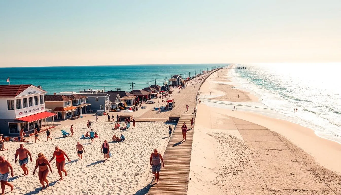 A breathtaking view of Long Beach on Long Island, New York. In the foreground, sun-kissed beachgoers stroll along the pristine white sand, their laughter and splashing waves creating a lively atmosphere. The middle ground features the iconic Long Beach Boardwalk, its wooden planks stretching out into the distance, lined with quaint beach cottages and bustling shops. In the background, the sparkling turquoise waters of the Atlantic Ocean meet the horizon, framed by a cloudless sky that radiates a warm, golden glow. Capture the essence of this picturesque coastal town, with a lens that conveys the tranquility and energy of a perfect summer day on Long Island.