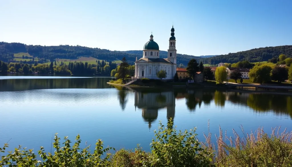 A breathtaking view of the historic Lake Most Church, its striking baroque architecture reflected in the serene waters of the lake. The sun casts a warm glow, illuminating the church's intricate details and the lush greenery surrounding it. In the foreground, the tranquil lake invites visitors to pause and admire the picturesque scene. The mid-ground features the church's impressive dome and bell tower, while the background showcases the rolling hills that frame this idyllic landscape. The overall atmosphere is one of peaceful contemplation, perfectly capturing the essence of this beloved landmark in Czechia.