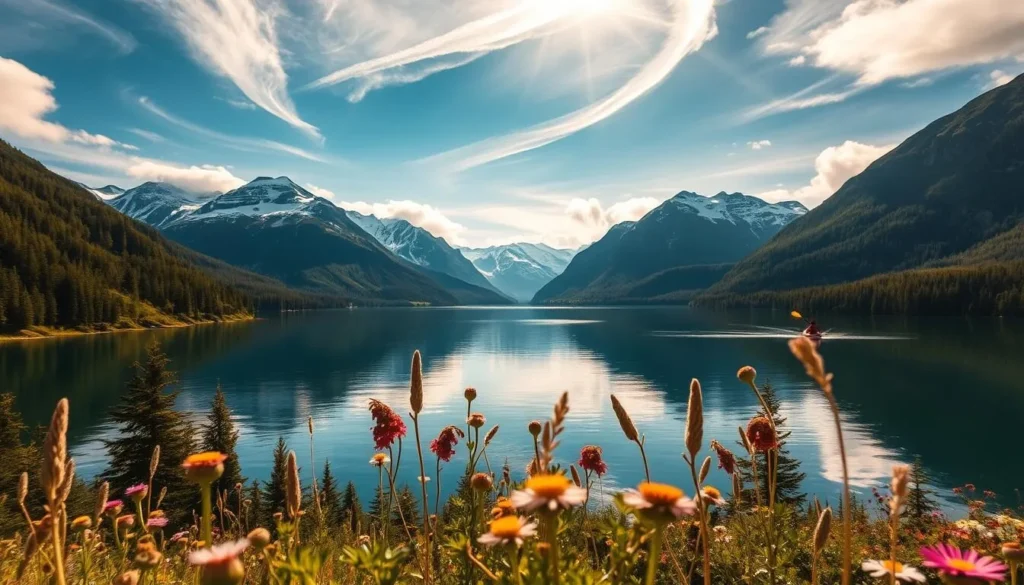 A breathtaking vista of Lake Snasavatnet nestled amidst the majestic Norwegian fjords. The crystal-clear waters reflect the surrounding snow-capped peaks and lush evergreen forests. Warm sunlight filters through wispy clouds, casting a gentle glow over the serene landscape. In the foreground, wildflowers sway in a gentle breeze, while in the distance, a lone kayaker glides across the tranquil surface. The overall atmosphere exudes a sense of peace and natural wonder, perfectly capturing the best time to visit this stunning natural gem.