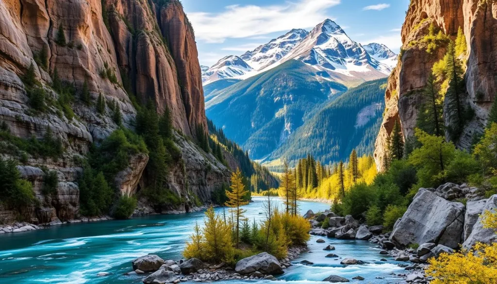 A breathtaking vista of Maligne Canyon, Alberta, Canada. In the foreground, a crystal-clear turquoise river flows swiftly between towering limestone cliffs, casting mesmerizing reflections. The midground features lush, verdant vegetation clinging to the rugged canyon walls, adding a vibrant touch. In the background, the majestic Canadian Rockies rise majestically, their snow-capped peaks piercing the azure sky. Warm, natural lighting bathes the scene, casting a serene, inviting atmosphere. Capture this awe-inspiring natural wonder with a wide-angle lens to showcase the stunning scale and grandeur of Maligne Canyon.