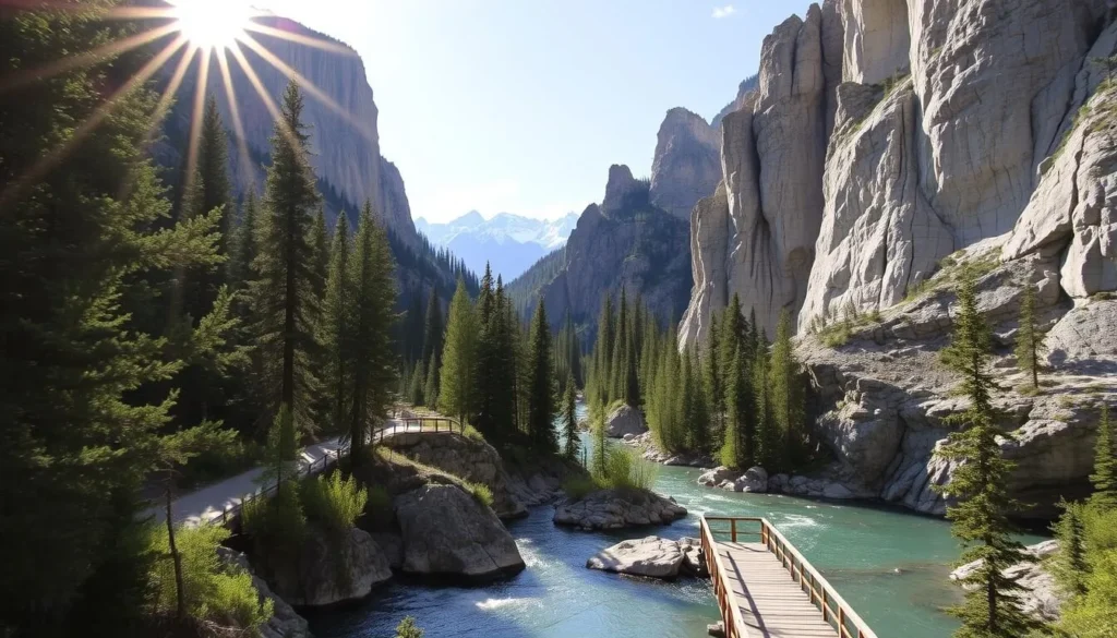 A breathtaking vista of Maligne Canyon in the Canadian Rockies, showcasing its dramatic limestone walls carved by the Maligne River. The sun filters through the trees, casting a warm glow over the vibrant green foliage and the winding path that leads visitors deep into the canyon. In the foreground, a wooden footbridge spans the crystal-clear waters, inviting exploration. The middle ground features the towering cliffs, their intricate layers and textures accentuated by the soft, directional lighting. In the background, the distant mountains rise majestically, their snow-capped peaks reaching towards the heavens. The overall scene exudes a sense of peaceful tranquility, enticing the viewer to immerse themselves in the natural wonder of this breathtaking location.