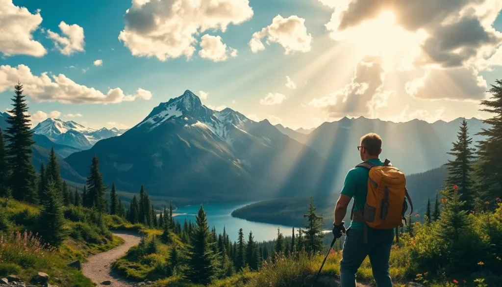 A breathtaking vista of Snohetta National Park's rugged terrain unfolds before the hiker's eyes. Towering, snow-capped peaks rise majestically in the background, their jagged silhouettes framed by a vibrant azure sky dotted with fluffy white clouds. The trail winds through a lush, verdant landscape, with towering evergreens and vibrant wildflowers lining the path. Shafts of warm, golden sunlight filter through the trees, casting a soft, ethereal glow over the scene. In the middle ground, a serene, crystal-clear lake reflects the stunning panorama, its mirror-like surface rippling gently in the gentle breeze. The hiker, clad in sturdy hiking gear, pauses to take in the breathtaking vistas, feeling a deep sense of awe and connection with the untamed natural beauty of this remarkable landscape.