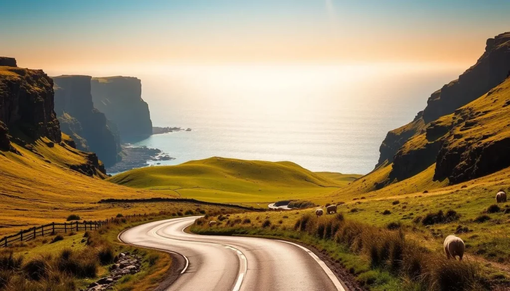 A breathtaking vista of the Causeway Coastal Route in Northern Ireland, bathed in warm, golden sunlight. In the foreground, a winding road leads the eye towards the distant cliffs, their rugged, layered formations carved by centuries of wind and waves. In the middle ground, lush, verdant hills roll gently, their slopes dotted with sheep grazing peacefully. The background is dominated by the vast, sparkling expanse of the Irish Sea, its azure waters meeting the horizon in a seamless line. The overall scene exudes a sense of tranquility and timeless natural beauty, inviting the viewer to step into this serene, idyllic landscape.