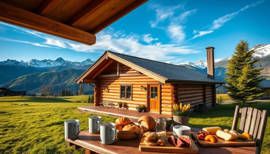 A breathtaking vista of the Låktatjåkko mountain range, with its snow-capped peaks standing tall against a vibrant azure sky. In the foreground, a charming wooden cabin nestled amidst a lush meadow, its rustic exterior complemented by the warm glow of the afternoon sun. On the porch, a table laden with an array of culinary delights - steaming mugs of hot cocoa, platters of freshly baked pastries, and a spread of local cheeses and cured meats. The scene exudes a cozy, inviting atmosphere, beckoning the viewer to step inside and savor the flavors of this high-altitude culinary haven.