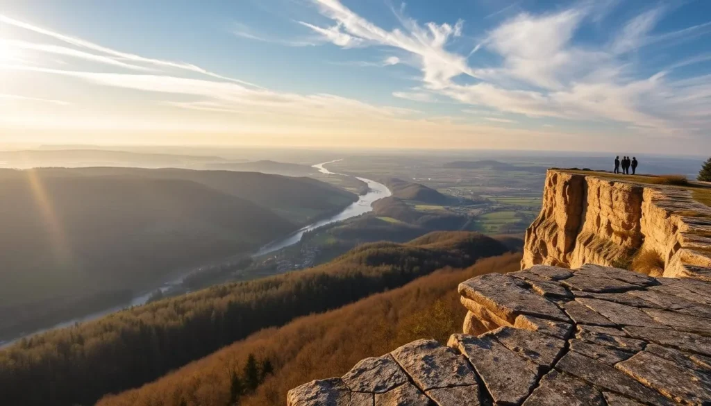 A breathtaking vista of the Pastýřská Stěna Viewpoint in Decin, Czechia. Perched atop a towering cliff, the viewpoint offers a panoramic scene of the Elbe River winding through the verdant, rolling hills. Warm, golden sunlight filters through wispy clouds, casting a serene, natural glow over the landscape. In the foreground, a picturesque stone ledge provides an ideal vantage point to admire the stunning natural beauty. Capture the tranquility and majesty of this remarkable overlook, a true highlight of Decin's breathtaking scenery.