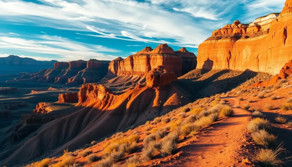 A breathtaking vista of the Vermilion Cliffs National Monument in Arizona. In the foreground, a winding hiking trail meanders through vibrant red and orange sandstone formations, inviting adventurers to explore. The middle ground features rugged, sculptural rock outcroppings casting dramatic shadows under the warm, golden light of a clear day. In the background, the iconic Vermilion Cliffs rise majestically, their layered, striated surfaces glowing with a vivid vermilion hue. Wispy clouds drift across a deep blue sky, adding to the serene, awe-inspiring atmosphere. Capture the essence of this stunning natural wonder and its world-class hiking trails.