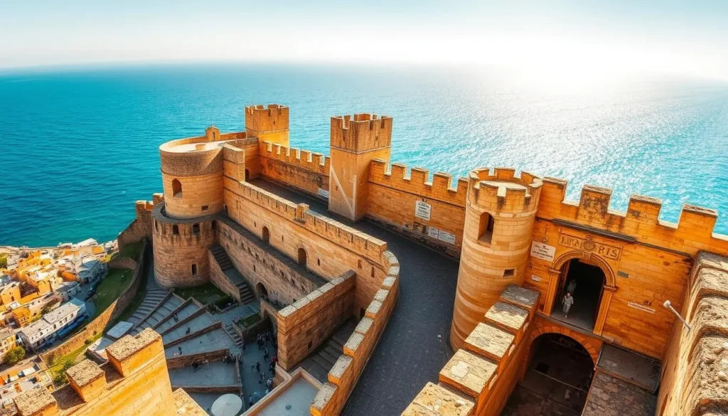 A breathtaking vista of the ancient city walls of Akko, Israel, bathed in warm golden sunlight. In the foreground, the weathered limestone fortifications rise majestically, their crenellated towers and arched gateways casting dramatic shadows. The middle ground reveals the vibrant bustling streets of the old city, with locals and visitors alike navigating the cobblestone pathways. In the background, the sparkling azure waters of the Mediterranean Sea stretch out to the horizon, complementing the rich history and timeless beauty of this captivating scene. Capture the essence of Akko's storied past with a wide-angle lens, showcasing the awe-inspiring scale and grandeur of these iconic city walls.