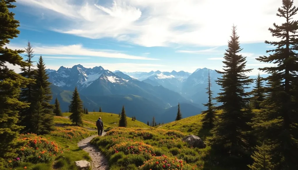 A breathtaking vista of the majestic Dovrefjell mountain range in Norway. Sunlight filters through wispy clouds, casting a warm glow over the rugged, snow-capped peaks. In the foreground, a well-worn hiking trail winds through a lush, verdant landscape dotted with vibrant wildflowers. Towering evergreen trees frame the scene, creating a sense of depth and perspective. Hikers traverse the path, their silhouettes capturing the adventurous spirit of the Dovrefjell. The overall atmosphere is one of tranquility and awe, inviting the viewer to immerse themselves in the breathtaking natural beauty of this iconic Norwegian landscape.