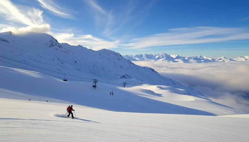 A breathtaking winter landscape at Valle Nevado ski resort in Chile. A vast, snow-covered mountainside stretches across the frame, with skiers carving graceful turns down the slopes. Sunlight filters through wispy clouds, casting a warm, golden glow over the scene. In the foreground, a group of skiers glide effortlessly, their colorful outfits and equipment contrasting against the pristine white backdrop. The middle ground features a ski lift transporting more adventurous riders up the mountain, while the distant peaks rise majestically, their jagged silhouettes cutting against the azure sky. The overall atmosphere exudes a sense of tranquility, adventure, and the pure joy of the winter sports experience.