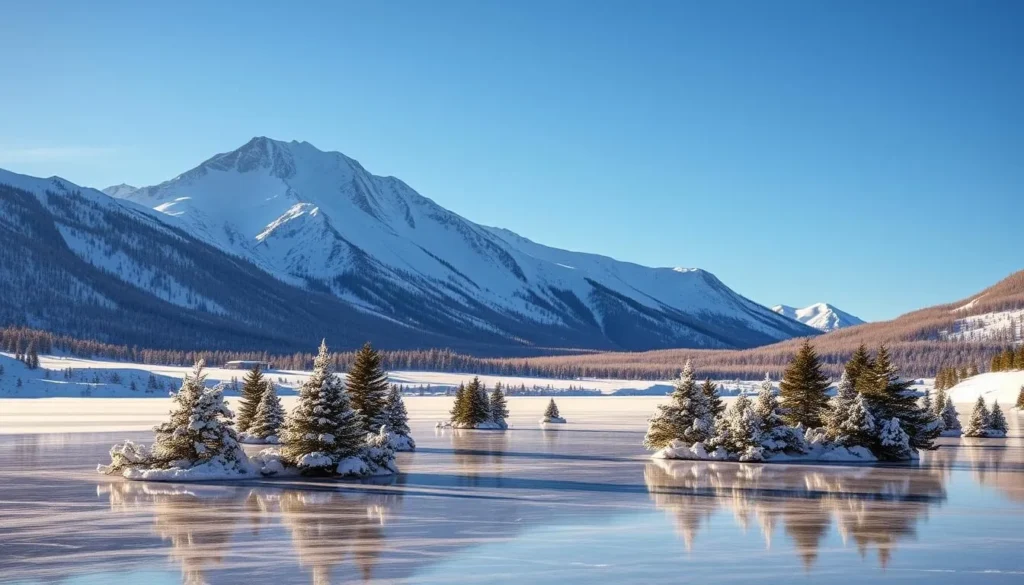 A breathtaking winter landscape of the San Francisco Peaks in northern Arizona. The majestic snow-capped mountains stand tall against a crystal-clear azure sky, their slopes blanketed in a pristine layer of fresh snow. In the foreground, a tranquil frozen lake reflects the towering peaks, creating a serene and mirror-like surface. Clusters of evergreen trees dot the middle ground, their branches laden with glistening snow. Soft, diffused natural light bathes the scene, casting a warm, magical glow over the entire vista. The overall atmosphere is one of peaceful solitude, inviting the viewer to immerse themselves in the beauty and serenity of this winter wonderland.