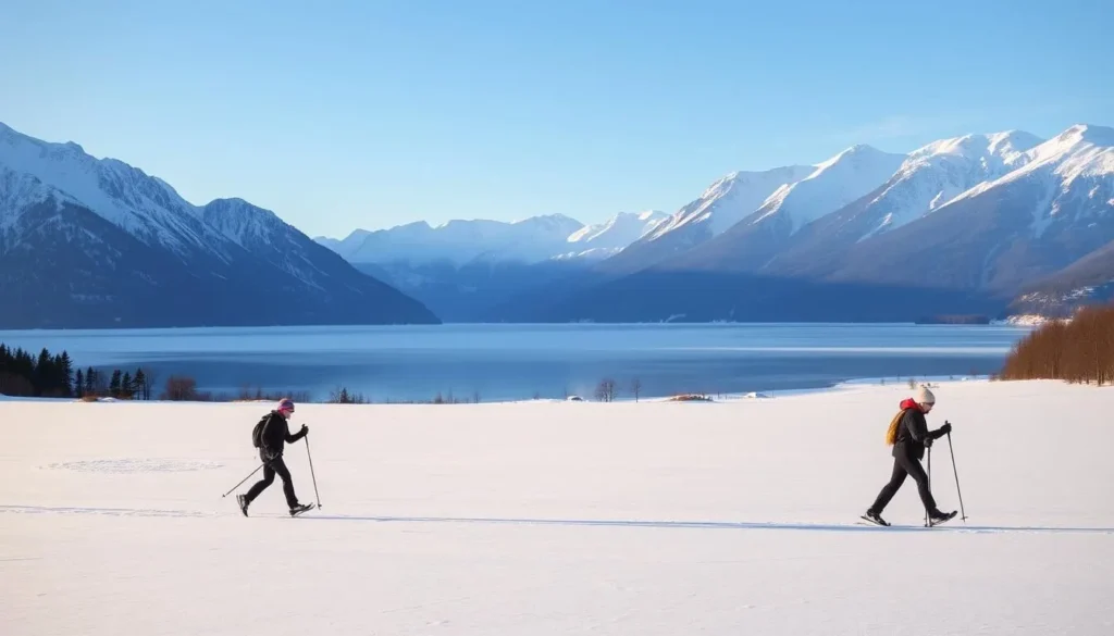 A breathtaking winter scene in Øvre Dividal National Park, Norway. In the foreground, a group of cross-country skiers glide silently across a pristine, snow-covered landscape. The middle ground features a frozen lake, its surface reflecting the crisp, clear sky above. In the background, towering mountains rise, their peaks capped with a dusting of fresh snow. The lighting is soft and diffused, creating a serene and tranquil atmosphere. The composition is balanced, with the skiers, lake, and mountains working together to create a harmonious and visually stunning image.
