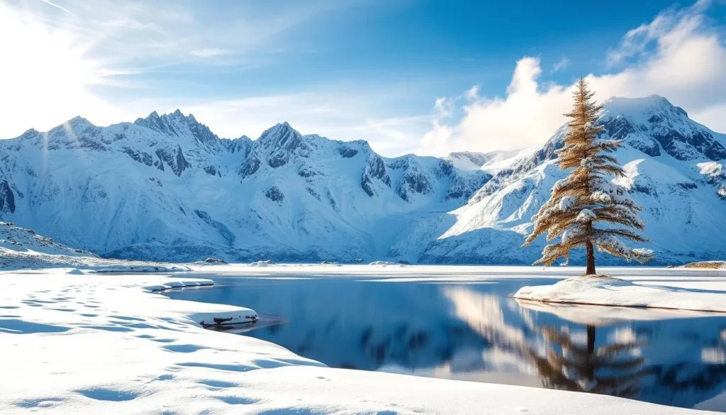 A breathtaking winter scene in the Lyngen Alps, Norway. A pristine landscape blanketed in crisp, powdery snow under a bright, clear sky. Jagged, snow-capped peaks rise majestically in the background, their rugged beauty reflected in a serene, mirror-like lake in the foreground. Sunlight filters through wispy clouds, casting a warm, golden glow over the tranquil scene. A lone, snow-covered pine tree stands as a silent witness, its branches gently swaying in the cool, mountain breeze. The overall mood is one of peaceful solitude and awe-inspiring natural wonder.