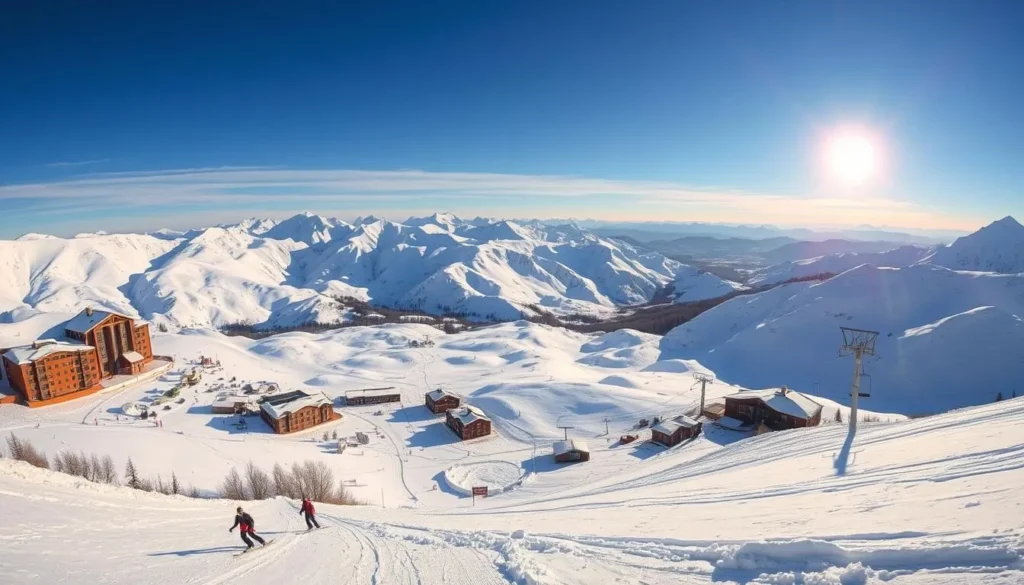 A breathtaking winter wonderland nestled in the Andes mountains, Valle Nevado ski resort offers a majestic landscape of pristine snow-capped peaks and pristine slopes. Capture the essence of this alpine paradise with a wide-angle shot showcasing the resort's dramatic architecture amidst the dramatic mountain backdrop, bathed in the warm glow of the afternoon sun. In the foreground, skiers glide effortlessly down the groomed runs, while in the middle ground, the resort's modern chairlifts and gondolas transport visitors to the summit. The background should reveal the sweeping vistas of the surrounding Andes, with distant snow-covered ridges reaching towards the heavens. Convey a sense of tranquility, adventure, and the pure, untamed beauty of this premier Chilean ski destination.