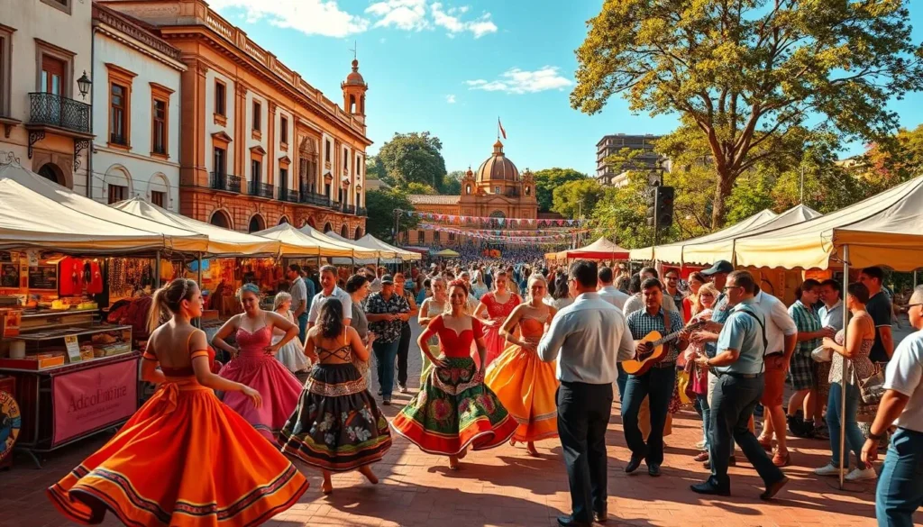 A bright, festive scene showcasing the vibrant celebrations of Uruguay throughout the seasons. In the foreground, colorful dancers in traditional costumes twirl and sway to the rhythm of live music. The middle ground features booths and stalls selling local crafts, foods, and drinks, creating a lively marketplace atmosphere. In the background, a mix of historic architecture and lush greenery sets the stage for these joyous events. Warm, golden lighting illuminates the scene, capturing the warmth and energy of Uruguay's diverse cultural festivals. Capture the essence of the country's traditions and the excitement of its people coming together to celebrate.