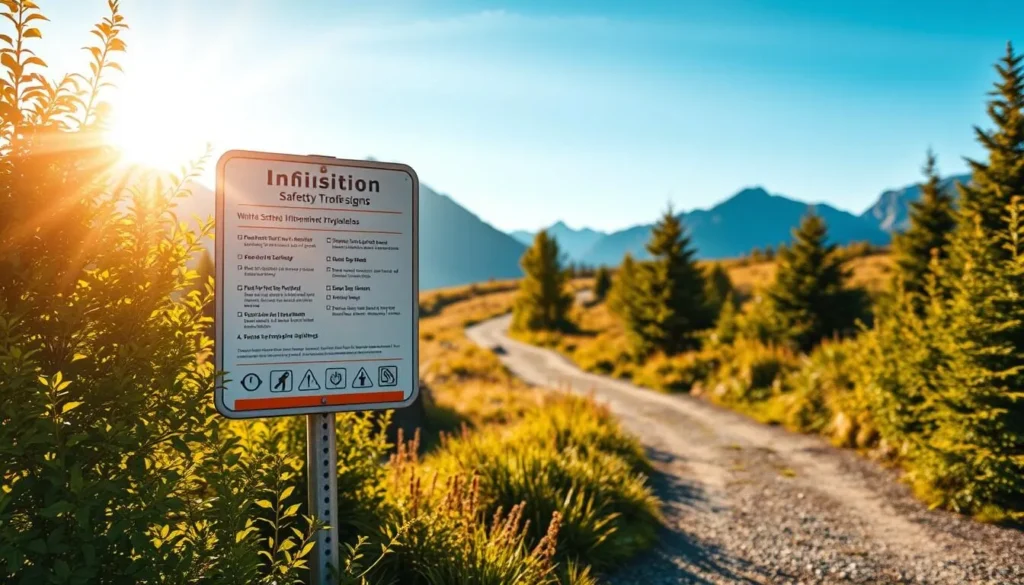 A bright, sun-dappled scene depicting Orsta's safety information signs. In the foreground, a sturdy metal sign with clear, concise safety guidelines and icons stands prominently against a backdrop of lush, verdant foliage. The middle ground features a well-maintained pathway winding through a picturesque Norwegian landscape, with towering mountains and a crisp, azure sky in the distance. Warm, natural lighting casts a gentle glow over the entire scene, conveying a sense of tranquility and attention to detail. The overall mood is informative yet inviting, encouraging visitors to explore Orsta's natural beauty while prioritizing their safety and well-being.