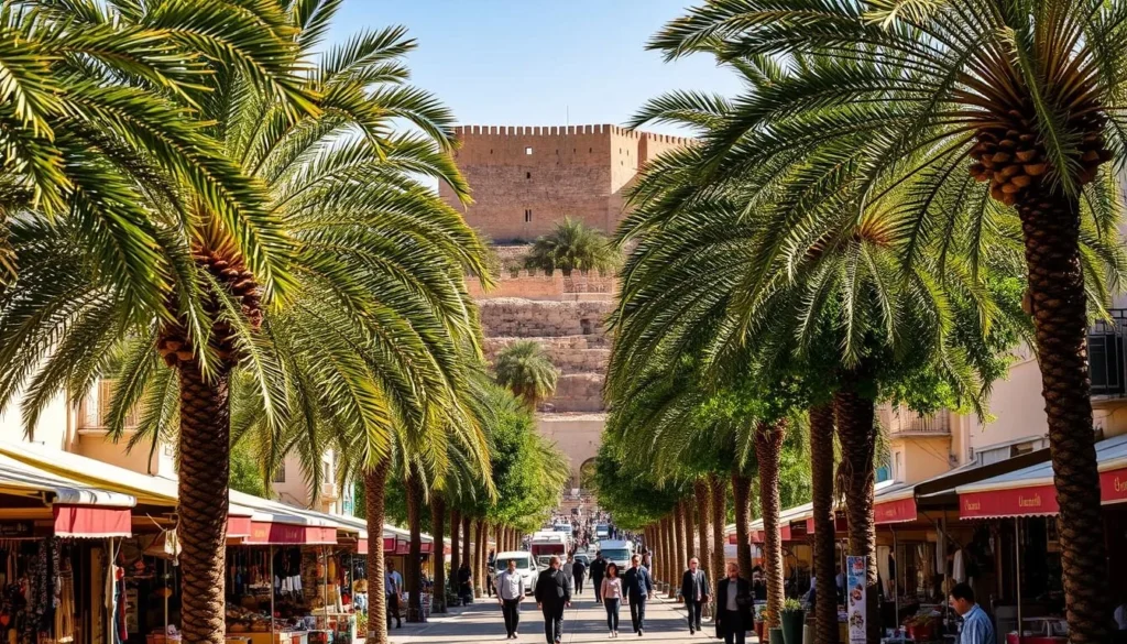 A bright, sun-drenched day in the bustling city of Zarqa, Jordan. In the foreground, lush palm trees sway gently, casting dappled shadows on the vibrant market stalls below, filled with an array of local produce and handicrafts. In the middle ground, pedestrians stroll along the wide, tree-lined avenues, taking in the charming architectural details of the surrounding buildings. The background is dominated by the majestic Amman Citadel, its ancient stone walls glowing in the warm, golden light. The overall scene conveys a sense of energy, culture, and the ideal time to visit this thriving Jordanian city.