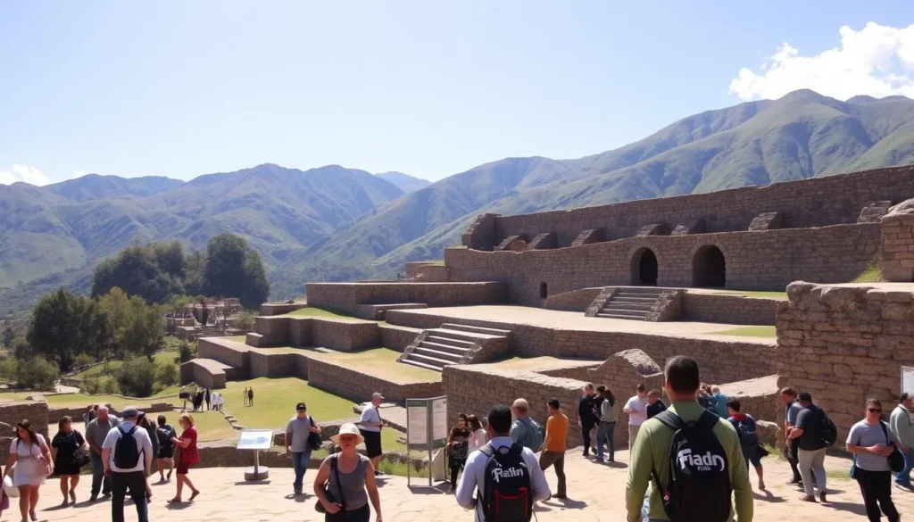 A bright, sunny day at the Kuelap archaeological site in Peru. In the foreground, a group of visitors exploring the impressive stone fortress, marveling at the intricate architecture and vast stone walls. In the middle ground, informational signs and kiosks providing details about the site's history and significance. In the background, the lush green Andes mountains frame the scene, creating a picturesque and serene atmosphere. The lighting is natural and warm, highlighting the earthy tones of the stone structures. The camera angle is slightly elevated, offering a panoramic view of the entire site and its stunning surroundings.