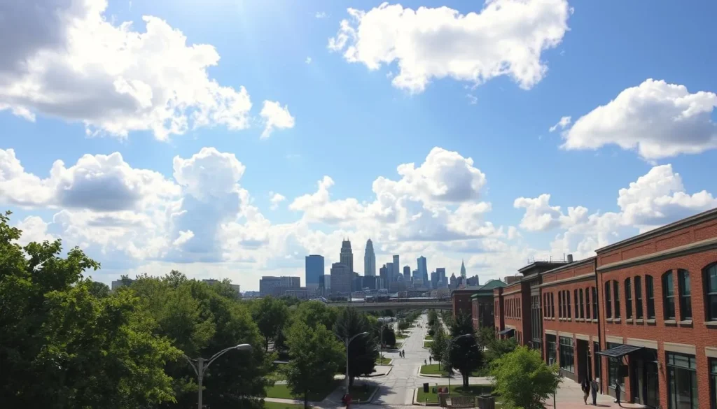 A bright, sunny day in Kansas City, Missouri. Lush green parks and tree-lined avenues, with the iconic skyline of downtown in the distance. Billowing white clouds drift across a brilliant blue sky, casting gentle shadows over the bustling city below. The warm glow of the sun illuminates the brick and stone architecture, giving the scene a vibrant, welcoming atmosphere. In the foreground, people stroll along the sidewalks, enjoying the pleasant weather and the sights and sounds of this thriving Midwestern metropolis. The entire image conveys the essence of Kansas City's best months for a weather-savvy visit - a beautifully balanced, inviting scene that captures the city's charm and character.