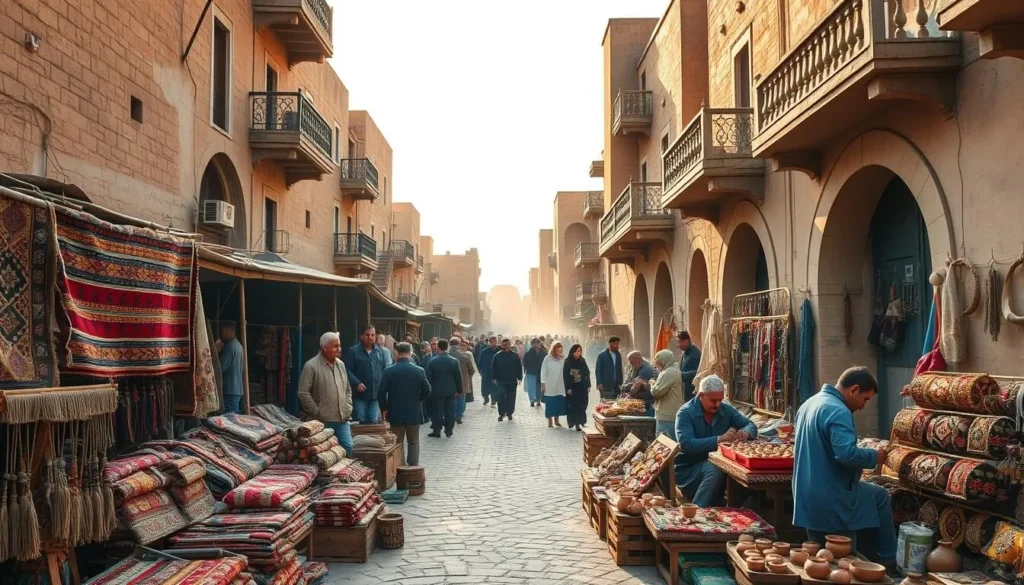 A bustling Baluchi marketplace in the heart of Zahedan, Iran. In the foreground, colorful woven rugs and intricate handicrafts are displayed on wooden stalls, inviting visitors to explore the rich cultural heritage. The middle ground features local artisans skillfully crafting traditional Baluchi jewelry and pottery, using time-honored techniques. In the background, towering mud-brick buildings with ornate balconies and arched doorways set the scene, casting warm, golden light across the lively gathering. The atmosphere is vibrant and authentic, capturing the essence of Baluchi culture and traditions.