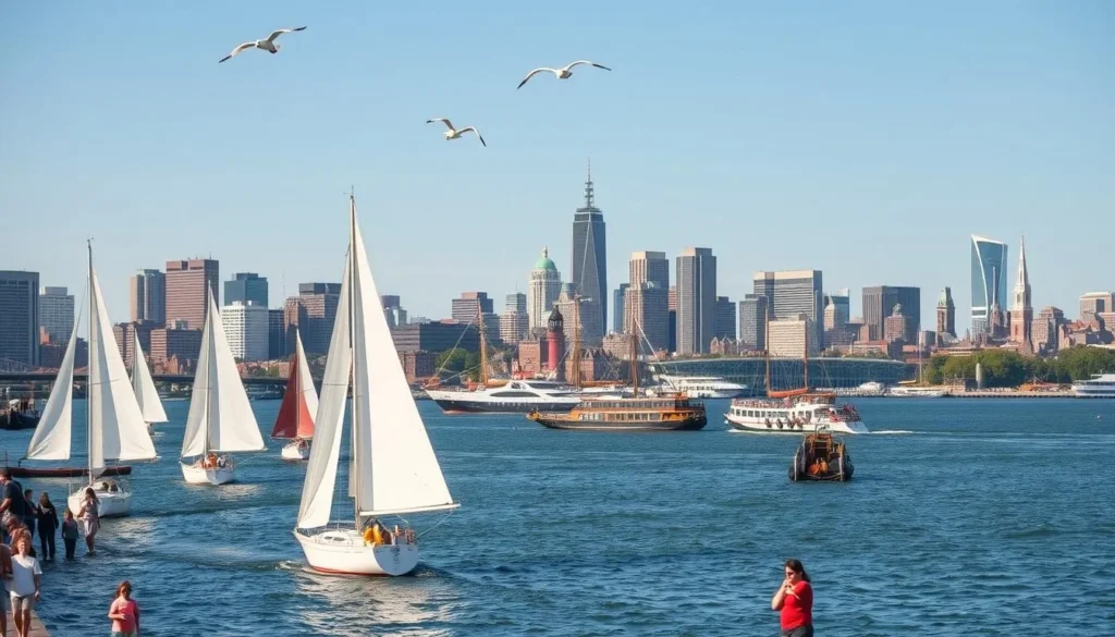 A bustling Boston Harbor on a bright, sunny June day. In the foreground, sailboats glide across the calm waters, their sails billowing in the gentle breeze. Along the promenade, families stroll and children play, taking in the lively atmosphere. In the middle ground, historic ships and ferries ferry passengers to and fro, while seagulls soar overhead. In the background, the city skyline rises, with the iconic skyscrapers and church steeples silhouetted against a clear, azure sky. Warm, diffused sunlight bathes the scene, creating a vibrant, inviting ambiance that captures the essence of early summer in Boston.