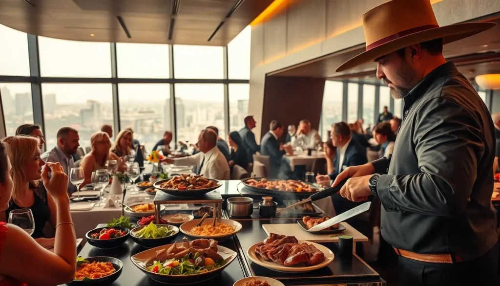 A bustling Brasilia steakhouse, the aroma of sizzling meat and charcoal-grilled vegetables wafting through the air. Elegant diners enjoy the ambiance, dressed in their finest attire, conversing animatedly over glasses of fine Brazilian wine. In the foreground, a skilled gaucho skillfully carves succulent slices of tender beef tableside, while the middle ground showcases an array of traditional side dishes and salads. The background features the sleek, modernist architecture of the restaurant, with large windows offering glimpses of the vibrant city outside. Soft lighting and warm tones create an inviting, convivial atmosphere, capturing the rich culinary heritage and social traditions of Brasilia's acclaimed steakhouse culture.