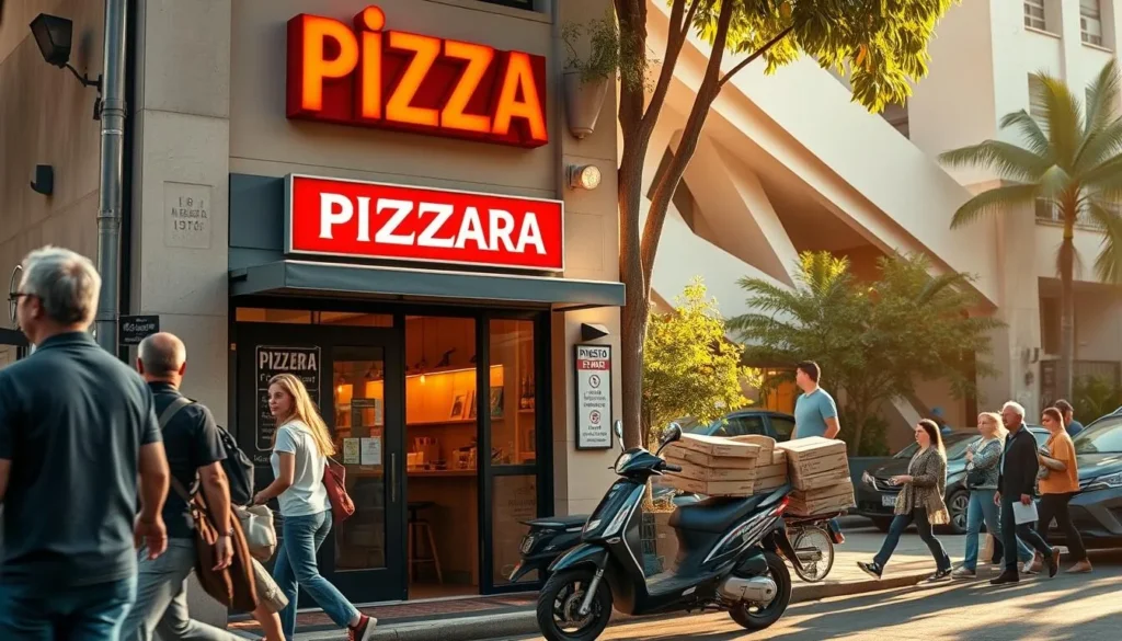 A bustling Brasilian street in the afternoon sun, the façade of a charming pizzeria stands out with its vibrant signage. A sleek delivery moped is parked out front, its driver swiftly loading up piping hot pizza boxes. In the foreground, pedestrians stroll by, some peering curiously into the shop's cozy interior. The background reveals the distinct modernist architecture of Brasilia, with its sweeping geometric forms and lush tropical greenery. Warm, natural lighting casts a golden glow over the scene, evoking a sense of inviting hospitality. This is a snapshot of the thriving pizza delivery culture that sustains Brasilia's discerning diners.
