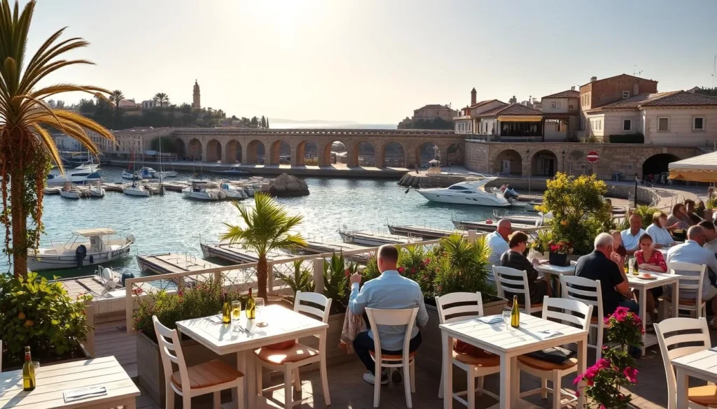 A bustling Caesarea harbor, the sun's golden rays casting a warm glow over the scene. In the foreground, a charming outdoor dining area with whitewashed tables and chairs, adorned with lush greenery and vibrant flowers. Patrons savor local delicacies, sipping on crisp Israeli wines as they take in the breathtaking view of the ancient Roman harbor and the shimmering Mediterranean Sea beyond. In the middle ground, the historic Caesarea Aqueduct stands as a testament to the city's rich heritage, while the background features the picturesque coastline dotted with traditional stone buildings. An atmosphere of relaxation and indulgence pervades, inviting visitors to immerse themselves in the flavors and ambiance of this captivating coastal destination.
