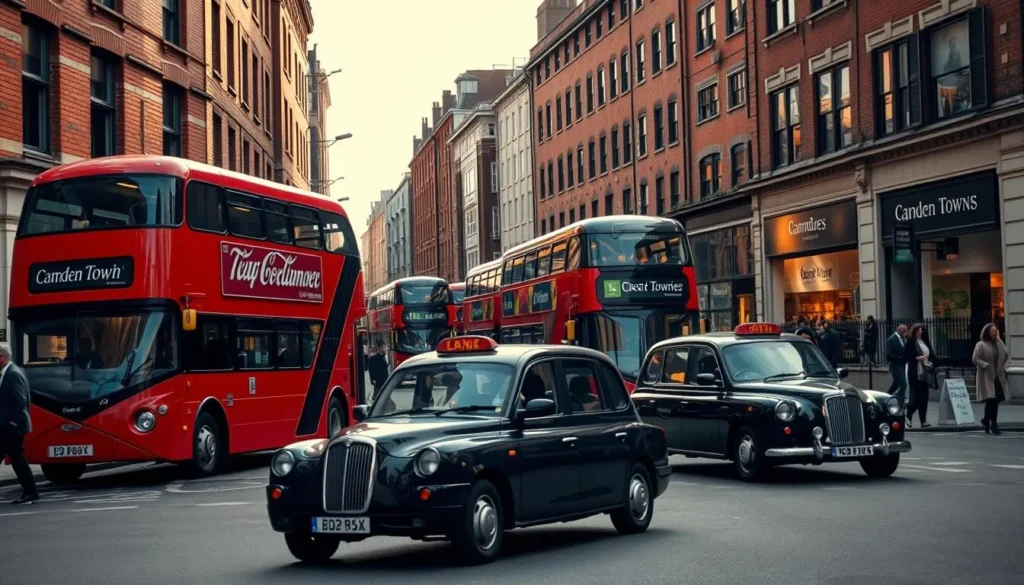 A bustling Camden Town intersection on a sunny day, captured from a low-angle perspective. Vintage double-decker buses and classic black cabs navigate the lively streets, their vibrant colors contrasting against the historic brick buildings lining the sidewalks. Pedestrians stroll casually, their movements reflected in the gleaming windows of nearby shops and cafes. The scene is bathed in warm, diffused lighting, creating a sense of inviting energy and community. The overall composition evokes the dynamic, diverse character of this iconic London neighborhood.
