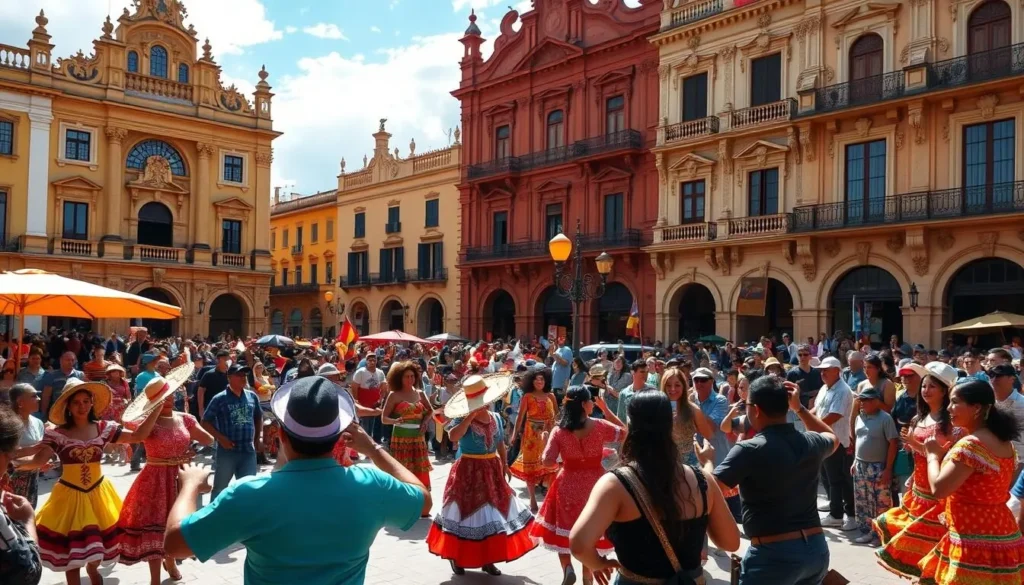 A bustling Ecuadorian festival in a vibrant town square, under a bright, sun-dappled sky. In the foreground, colorfully dressed locals perform traditional dances, their movements lively and energetic. In the middle ground, a crowd of spectators watches in awe, capturing the moment on their cameras. The background is filled with ornate, colonial-style buildings, their facades adorned with intricate carvings and vibrant hues. The overall atmosphere is one of joyful celebration, with the warm, welcoming energy of the festival palpable in every detail.