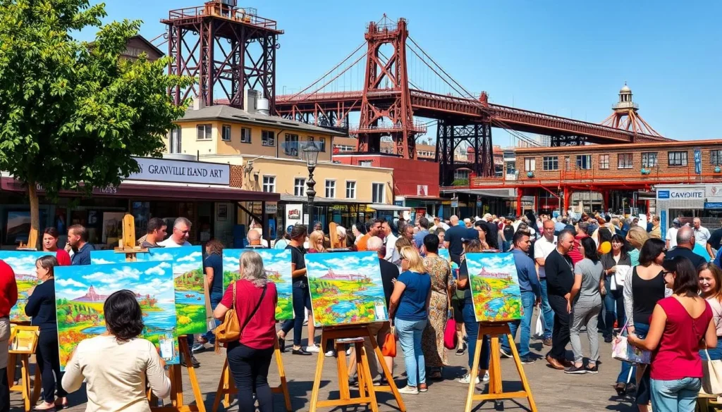 A bustling Granville Island art scene on a sunny day. In the foreground, a group of artists paint vibrant landscapes on their easels, their brushstrokes bringing the vibrant colors of the island to life. In the middle ground, visitors browse local galleries, admiring the diverse range of paintings, sculptures, and handcrafted wares. The background showcases the iconic industrial architecture and bridges of Granville Island, bathed in warm, golden light. Reflect the lively atmosphere and creative energy of this iconic Vancouver destination.