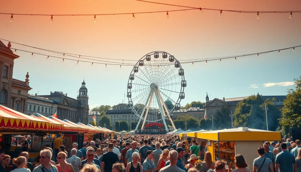 A bustling Helsinki city center, bathed in the warm glow of the summer sun. In the foreground, a lively crowd gathers around colorful food stalls, the aroma of freshly grilled delicacies wafting through the air. A towering Ferris wheel stands tall in the middle ground, its gondolas carrying joyful festival-goers against a backdrop of historic buildings and lush greenery. Strings of vibrant lights criss-cross overhead, casting a festive ambiance as people sway to the rhythmic beats of live music. The atmosphere is one of celebration, community, and a shared appreciation for the unique culture and traditions of Helsinki.