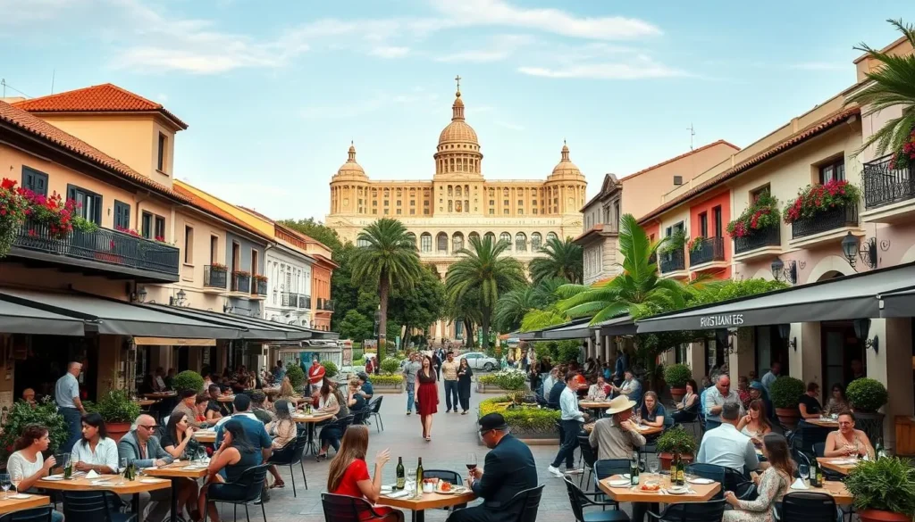 A bustling Italian piazza in the heart of Brasilia, surrounded by charming trattorie and ristorantes. Elegant buildings with terracotta roofs and wrought-iron balconies line the streets, their facades adorned with lush potted plants and vibrant floral displays. Outdoor seating areas are filled with well-dressed patrons enjoying hearty pasta dishes, crisp salads, and glasses of robust red wine, all under the warm, golden glow of the afternoon sun. In the distance, the iconic modernist architecture of Brasilia's government buildings provides a striking backdrop, seamlessly blending old-world charm and contemporary sophistication.