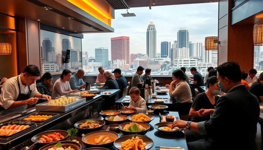 A bustling Japanese restaurant nestled in the heart of Brasilia, showcasing the vibrant flavors and elegant presentation of its authentic cuisine. Patrons dine amid a serene, minimalist ambiance, accented by warm lighting and clean lines. In the foreground, a skilled sushi chef handcrafts delicate morsels, their skilled hands a mesmerizing dance. The middle ground features a spread of steaming dishes - sizzling yakitori, aromatic miso soup, and delicate tempura. In the background, the vibrant cityscape of Brasilia's iconic modernist architecture provides a striking contrast, hinting at the city's rapid transformation into a culinary destination.