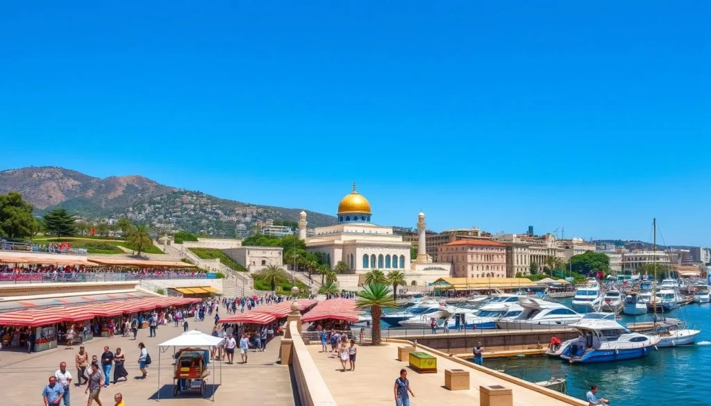 A bustling Mediterranean port city, Haifa, Israel shines in the afternoon sun. Capture the vibrant waterfront promenade, where visitors stroll along the Bahai Gardens' terraced landscapes, framed by the towering Mount Carmel. Showcase the iconic Baha'i Shrine, its golden dome glimmering against the azure sky. Depict the lively marketplace, where vendors offer an array of local delicacies and handicrafts. Use a wide-angle lens to showcase the picturesque harbor, with fishing boats and yachts bobbing in the calm waters. Convey the warm, inviting atmosphere of this coastal gem, perfect for a weather-savvy trip.