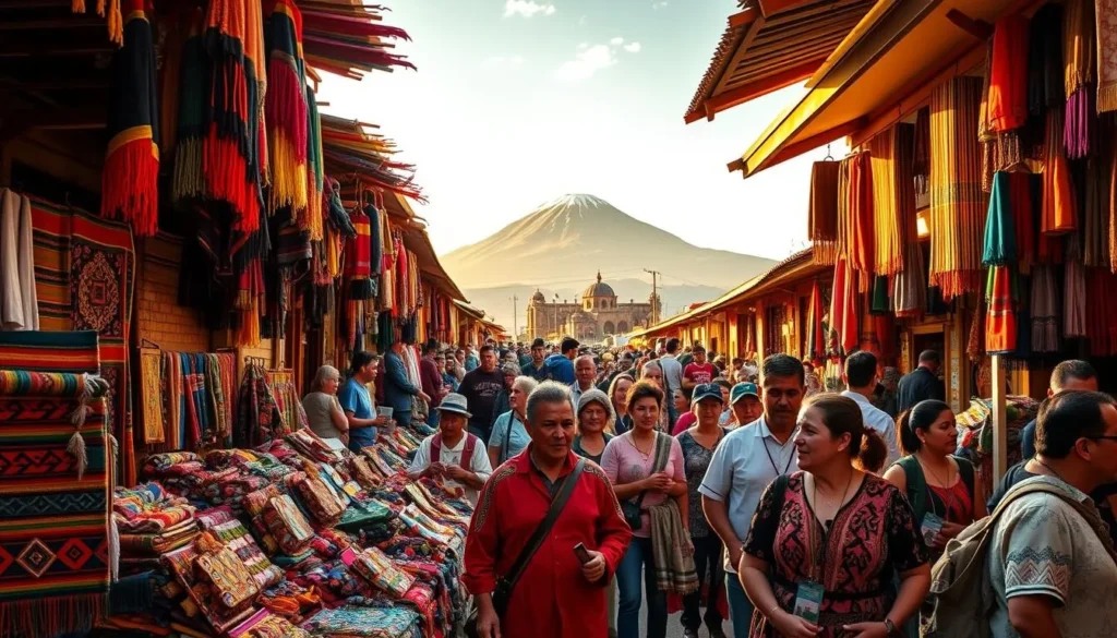 A bustling Otavalo market scene, captured with a wide-angle lens under warm, golden hour lighting. In the foreground, vibrant handwoven textiles and intricate indigenous crafts are displayed on colourful stalls. The middle ground features the lively crowd of local vendors and eager tourists, their faces animated with cultural exchange. In the background, the iconic Imbabura volcano rises majestically, framing the picturesque Andean landscape. Convey the vibrant energy, cultural authenticity, and breathtaking natural beauty that defines the Otavalo travel experience.