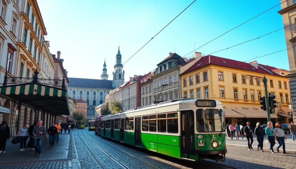 A bustling Prague street lined with historic buildings, trams gliding smoothly along cobblestone tracks. Sunshine bathes the scene in a warm, golden glow, casting long shadows. Pedestrians casually stroll by, some waiting at a tram stop under a classic green-and-white canopy. In the distance, the spires of a baroque cathedral pierce the azure sky. Capture the practical, weather-savvy experience of navigating Prague's public transportation network on a picturesque day, using a wide-angle lens to showcase the city's charming architecture and vibrant street life.