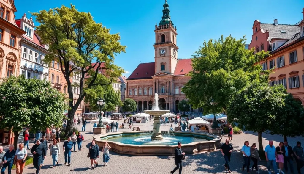 A bustling Republic Square in Plzen, Czechia, on a sunny day. The historical buildings lining the square, with their ornate facades and intricate architectural details, create a charming and picturesque scene. In the foreground, people stroll along the cobblestone paths, enjoying the lively atmosphere. Towering trees provide dappled shade, while the mid-ground features a beautifully maintained central fountain, its cascading water reflecting the surrounding structures. The background is dominated by the grand Neo-Renaissance style Plzen City Hall, its clock tower reaching towards the bright, azure sky. The overall mood is one of vibrant energy and a sense of timeless elegance.