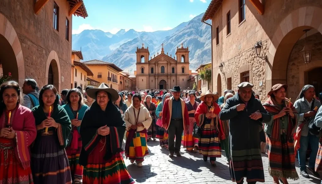 A bustling Sunday procession in the picturesque town of Pisac, Peru. The cobblestone streets are lined with locals in vibrant traditional attire, carrying religious icons and candles as they make their way to the grand colonial church. Sunlight filters through the archways, casting a warm glow on the scene. In the foreground, a group of women in colorful skirts and shawls walk together, their faces serene. In the middle ground, men in felt hats and ponchos lead the procession, their expressions solemn. In the background, the imposing Andes mountains rise up, framing the town in a dramatic natural setting. The atmosphere is one of reverence and community, a timeless celebration of faith and tradition.
