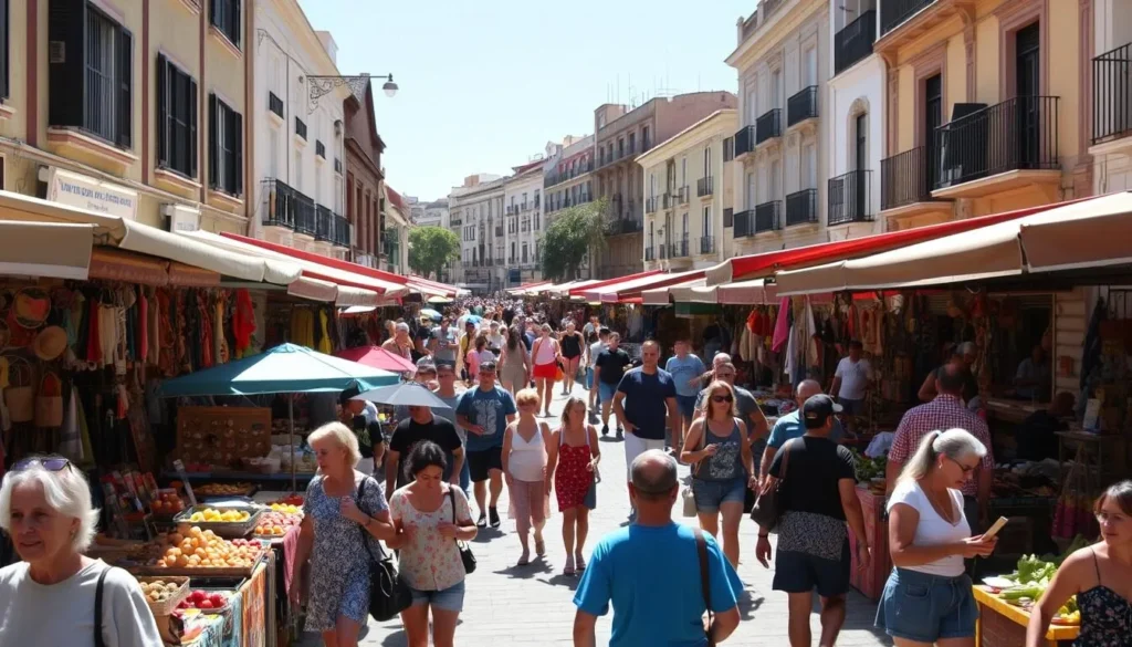 A bustling Sunday street market in Montevideo's vibrant Tristán Narvaja neighborhood. Vendors sell a diverse array of handcrafted goods, fresh produce, and local delicacies under the warm sun. Meandering crowds explore colorful stalls, negotiating prices and sampling tantalizing aromas. In the foreground, a mix of locals and tourists browse through an eclectic selection of antiques, art, and artisanal crafts. The middle ground features a lively scene of vendors calling out to passersby, children playing, and musicians performing. The background showcases the charming architecture of the surrounding buildings, creating an inviting, authentic atmosphere. Capture the vibrant energy, rich culture, and vibrant community of this beloved Sunday tradition.